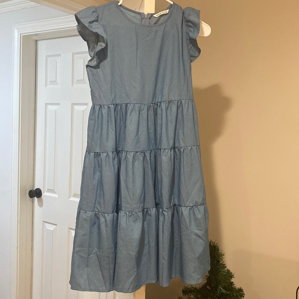 Blue dress with ruffle sleeves! worn 1-2 times!